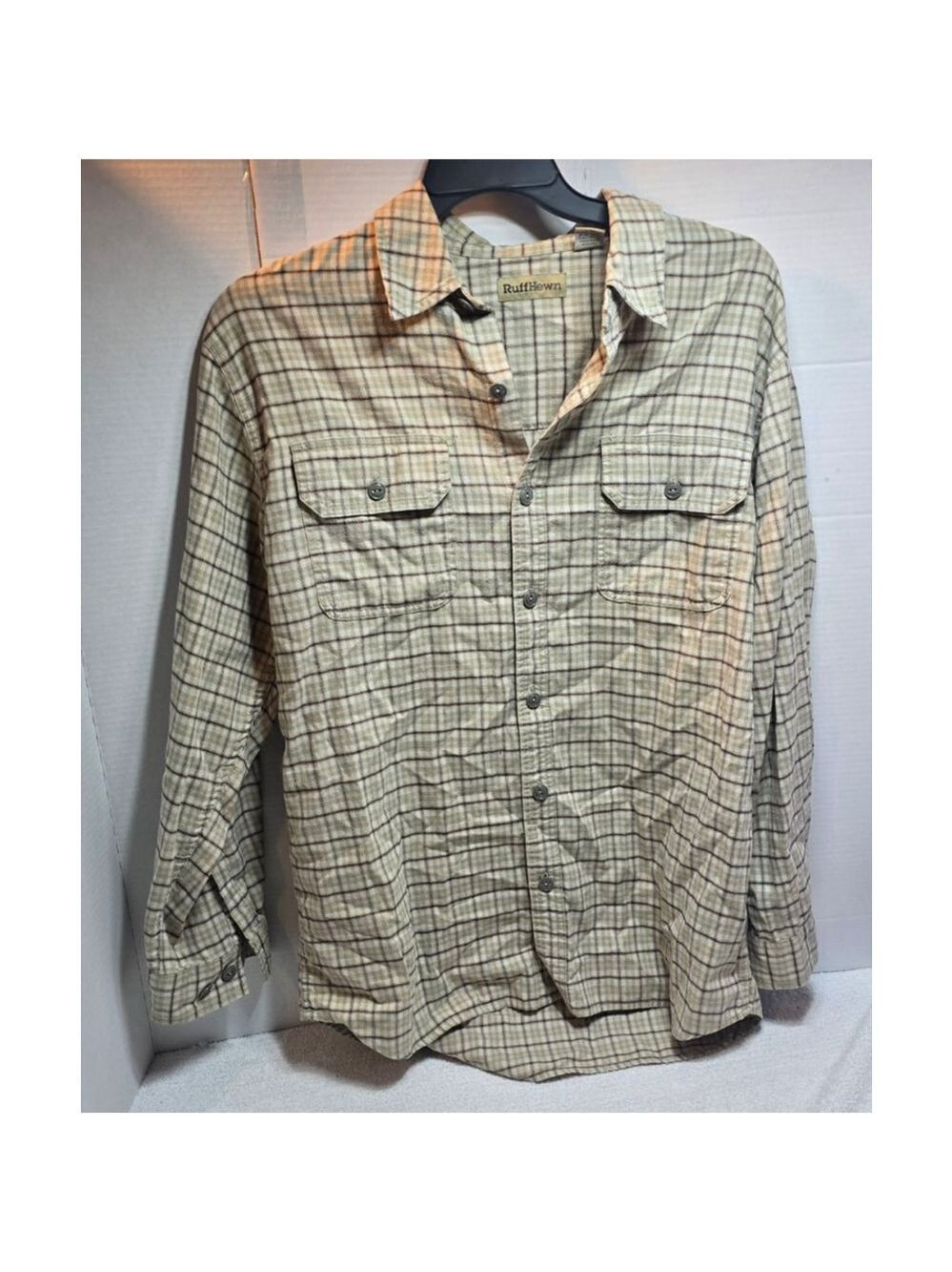 Men's RuffHewn Casual Button Down Shirt M Beige Brown Plaid